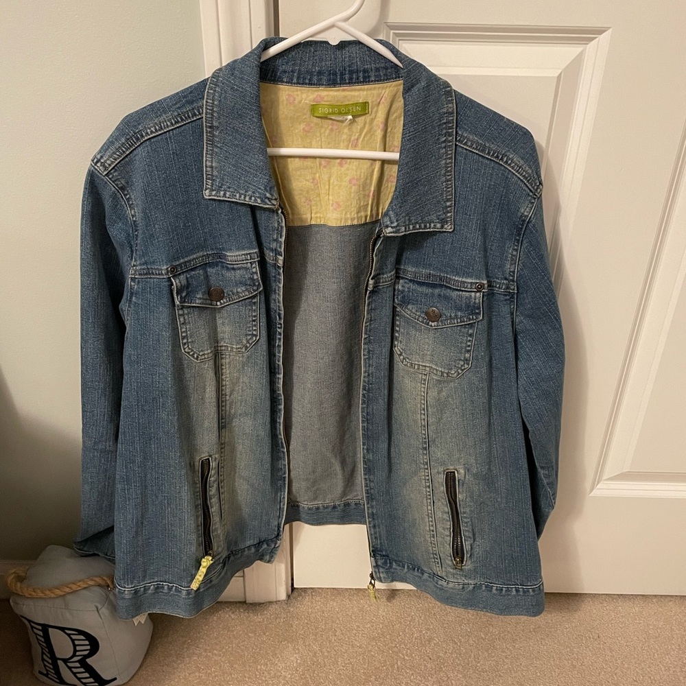 010. EUC Vintage Sigrid Olsen Jean Jacket w/zipper closure & pockets, Sz 1XL/2XL